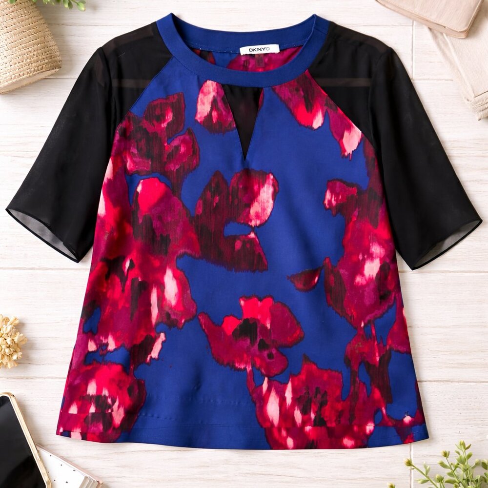 DKNY Blue & Pink Floral Blouse Sheer Sleeves Keyhole Neck Top Size M